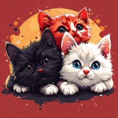 Three cute kittens with big eyes on a red background.