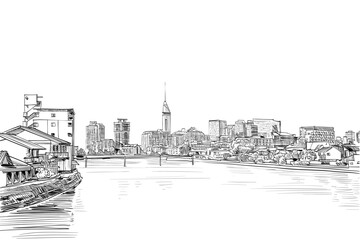 Fukuoka city sketch. Japan. Hand drawn vector art illustration.