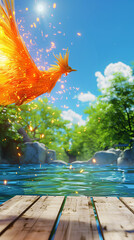 Fiery phoenix soars above a serene lake, surrounded by lush greenery and rocks under a bright sky.