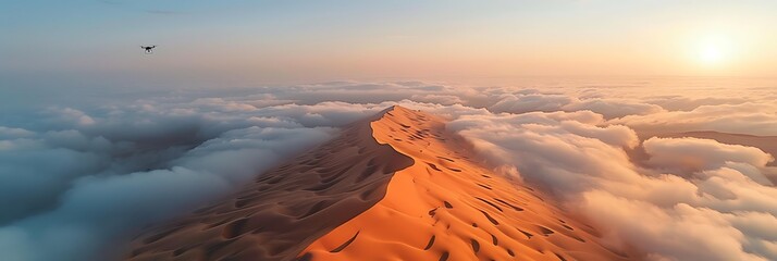 Aerial view of a drone flying over massive sand dunes covered by thick fog clouds at sunrise, Liwa...