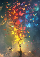 A tree with colorful butterflies emanating light, creating a magical atmosphere.