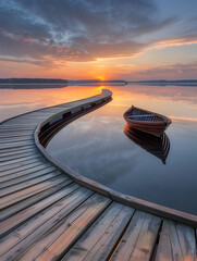  Serene sunset over a calm lake, with a dock leading the eye and a lone boat floating peacefully.