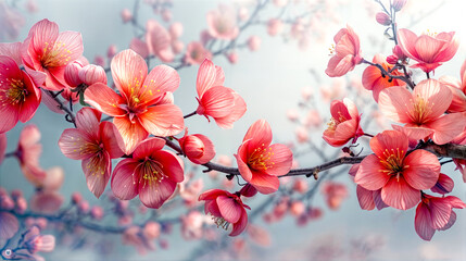 Branch of tree with pink flowers on it and blue sky in the background.