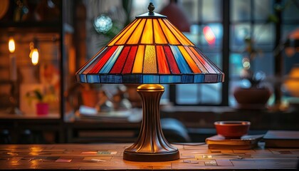 Art deco table lamp with geometric base, stained glass shade, elegant, colorful light patterns