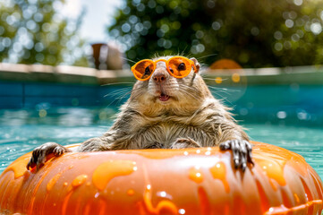 Small animal wearing orange goggles and swimming in pool of water.