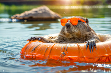 Brown bear wearing orange sunglasses floating on top of body of water.