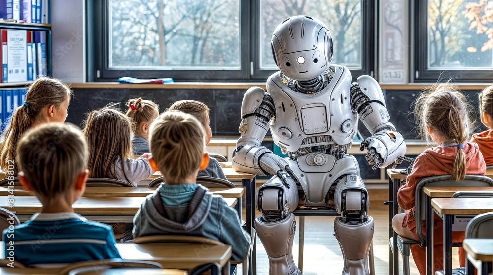 Poster robot sitting at desk in front of group of children in classroom.