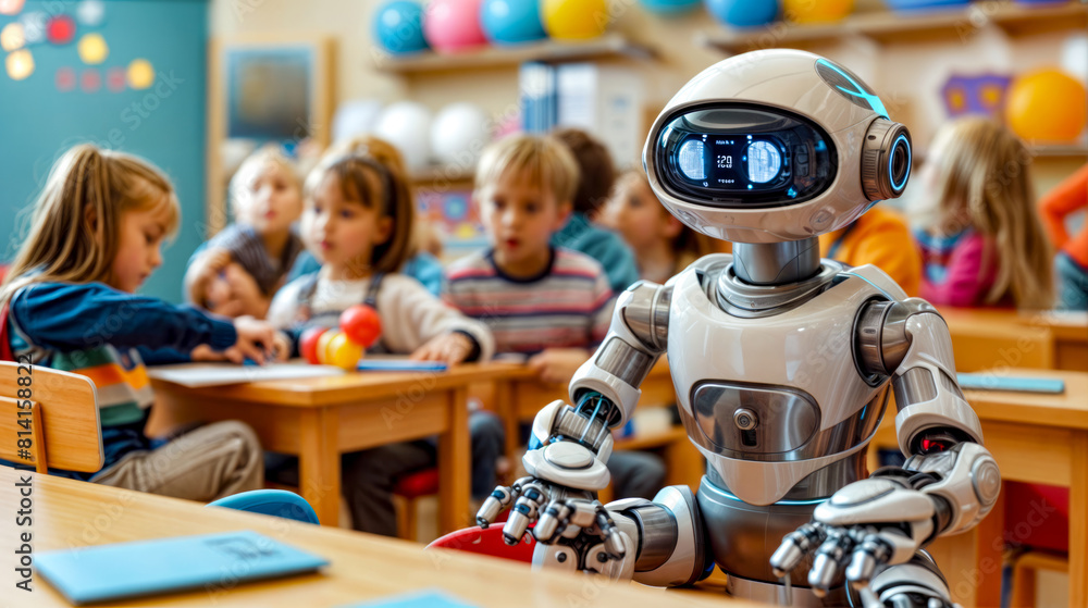 Poster robot is sitting in front of group of children in classroom.