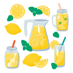 Cartoon lemon,leaves mint and lemonade in a jug, glass and jars.Set with summer hand made drink and whole and pieces of fruit on white background.Vector design for use in card,banner template,poster.