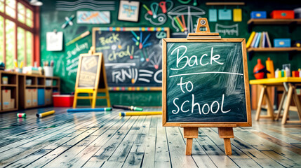Blackboard with the words back to school written on it in front of other chalkboards.