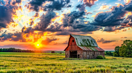 Red barn sitting in green field under cloudy sky at sunset.