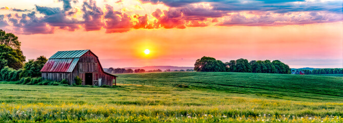 The sun is setting over farm with shed in the foreground.