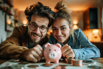A man and a woman are holding a pink piggy bank and coins