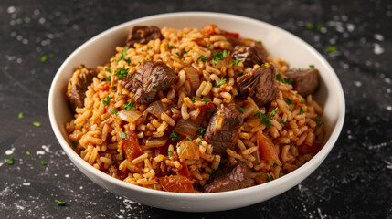 Savory angolan beef dish with seasoned rice and aromatic herbs, presented in a white bowl against a dark backdrop