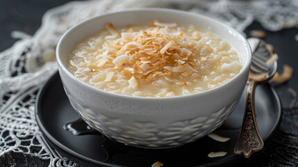 Creamy angolan coconut rice pudding topped with toasted coconut flakes against a dark, textured background