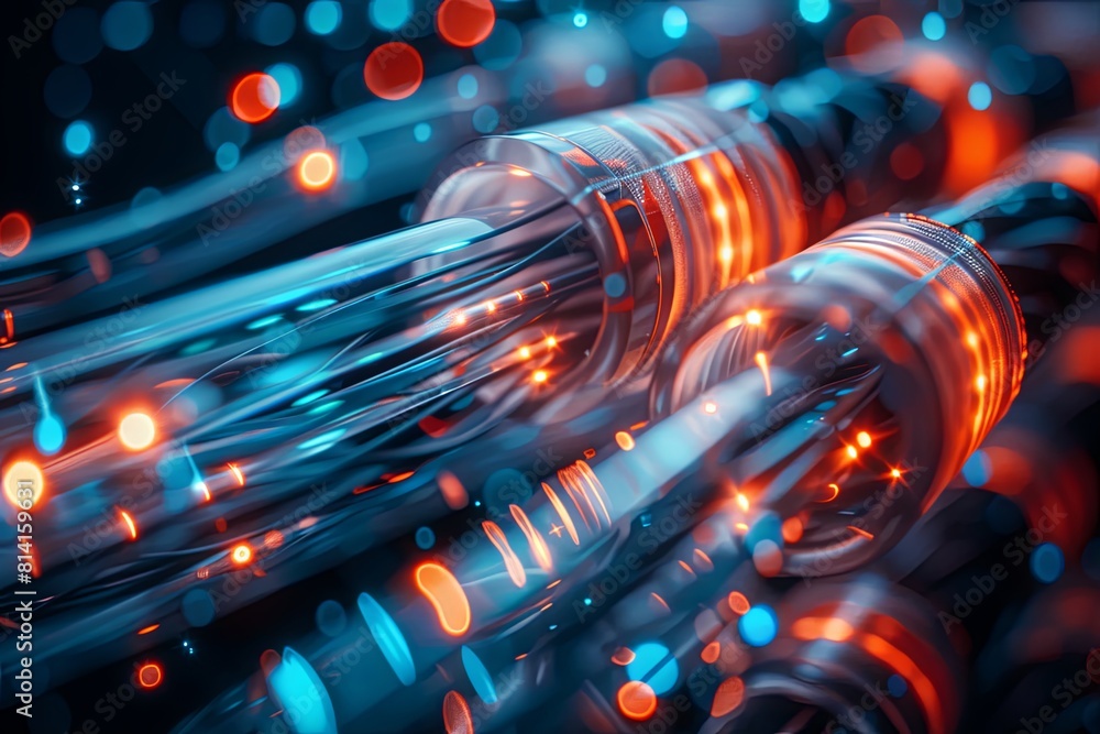 Poster a detailed view of a bundle of network cables transmitting data. generative ai