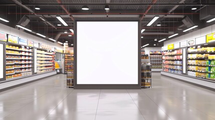 A mock up, white blank advertising/ presentation marketing billboard in the aisle of a supermarket. Retail marketing concept