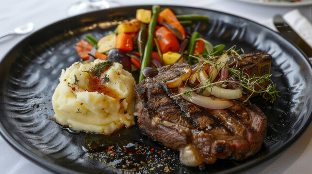 Delectable angolan grilled steak served with creamy mashed potatoes, colorful seasonal vegetables, and garnished with herbs, embodying a fusion of flavors