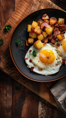 Fried eggs and potatoes vertical