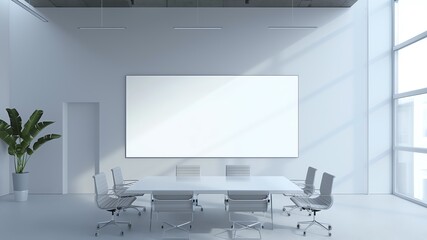 A mock up, white blank advertising/ presentation on the wall of a modern, sleek conference room. Business meeting concept