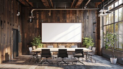 A mock up, white blank advertising/ presentation on the wall of a modern but rustic, wooden interior,  conference room. Business meeting concept