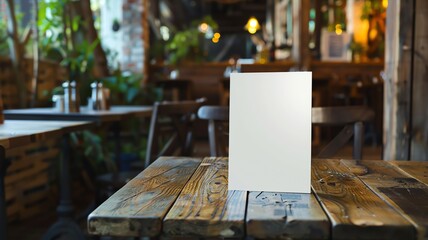 A mock up, white blank advertising/ menu board, on a rustic wood table in a restaurant, restaurant business concept