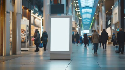 A mock up, white blank advertising billboard in a busy shopping Mall, retail business concept
