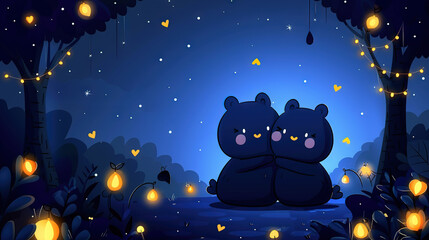   A couple of black bears sit together in a forest at night under glowing tree lights