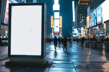 A mock up, white blank advertising board in a busy New York street at night, retail and business concept