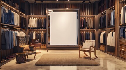 A mock up, white blank advertising board in a luxury, mens clothes/ suit shop with warm wood fixtures, retail and business concept