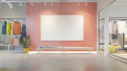 A mock up, white blank advertising board in a clothes shop, on peach colored wall/ background with spotlights, retail and business concept