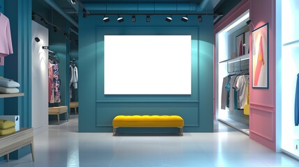 A mock up, white blank advertising board in a clothes shop with a teal background, pink wall, spotlights, mustard stool, business advertising concept