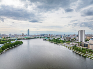 Embankment of the central pond and Plotinka. The historic center of the city of Yekaterinburg, Russia, Aerial View
