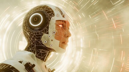 A highly detailed and realistic portrait of an AI humanoid, with intricate mechanical features, set against the backdrop of digital brain waves and circuitry
