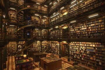 A library filled with numerous books arranged on shelves. A spiral staircase leads to a higher level within the library. Generative AI