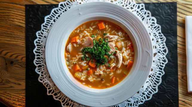 Authentic angolan chicken stew with rice, carrots, and herbs, served in a white bowl on a wooden background, top view