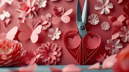 A pair of scissors is on a red background with butterflies and flowers