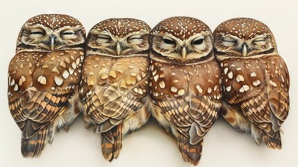   Three owls perched on a white table adjacent to a wall