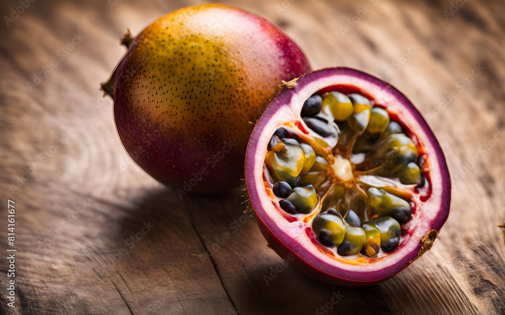 Wall mural Maracuya (passion fruit) cut in half, seeds visible, bright and colorful setting