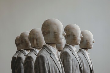 Row of faceless mannequin heads in grey suits