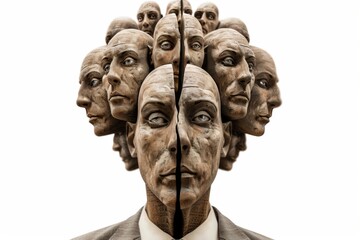 Sculpture of multiple heads split down the center in two halves