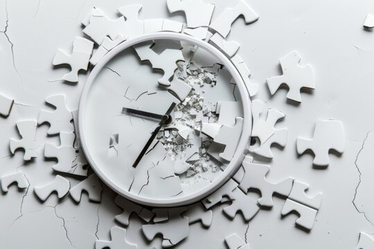 Broken puzzle clock on white cracked background concept of lost time
