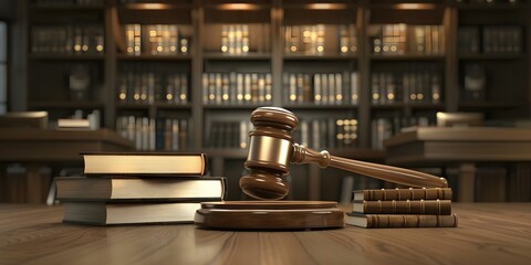 Legal concepts depicted in a courtroom setting with gavel and law books. Concept Legal Concepts, Courtroom Setting, Gavel, Law Books