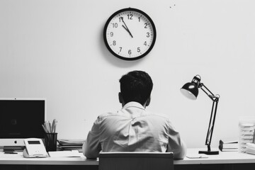 Man working late night in office with clock showing time overhead