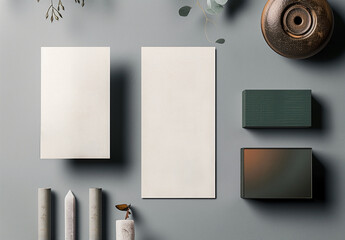 Traditional business card or poster mock-up showing blank paper cards on grey background