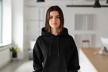 young woman with long hair and a subtle smile stands wearing a black hoodie, exuding confidence with a relaxed posture in a modern office setting. Behind her, the blur of a well-lit space with tables 