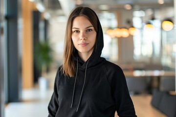 young woman with long hair and a subtle smile stands wearing a black hoodie, exuding confidence with a relaxed posture in a modern office setting. Behind her, the blur of a well-lit space with tables 