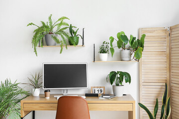 Interior of light office with workplace, shelves and green houseplants