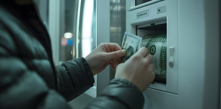 A person is taking money from anIntrorish wrestler at the modern white full guste materials premium bank's wall towering high strong safe
