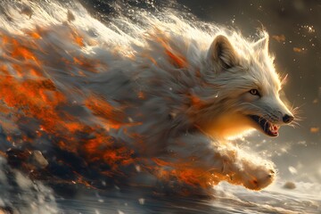 A polar fox in full roar, charging forward with a fierce expression. Captured in a dynamic colours. Splashes and splatters around the polar fox suggest its swift movement and wild energy